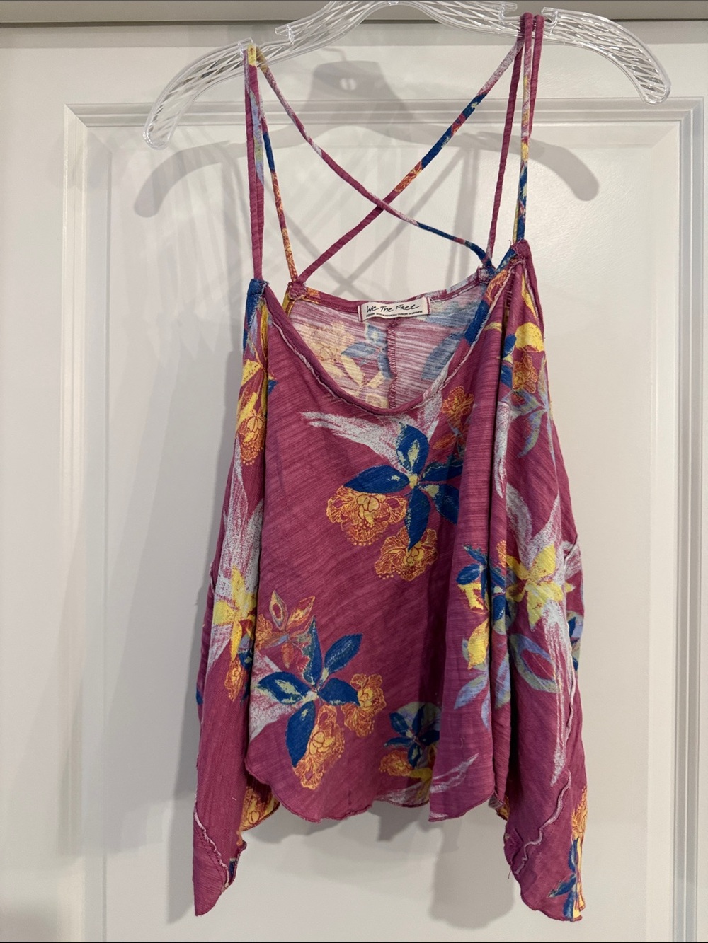 We The Free Mauve Floral Crisscross Strap Camisole with Blue and Yellow Accents